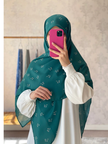 روسری نخی شاخه گل ریز سبز و کرم