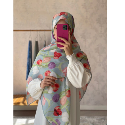 روسری نخی گل لاله آبی پاستیلی