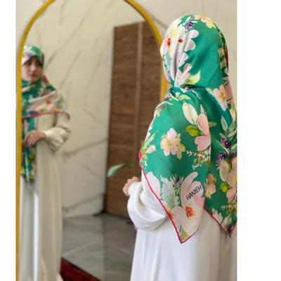 روسری نخی سبز آبرنگی گلدار