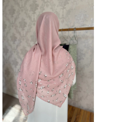 روسری نخی حاشیه گل ریز سفید صورتی ملیح