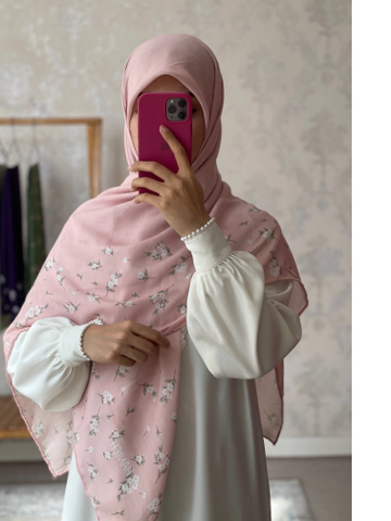 روسری نخی حاشیه گل ریز سفید صورتی ملیح