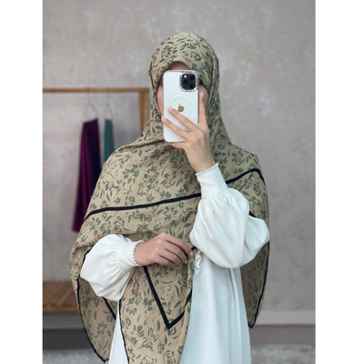 روسری نخی ژاکارد کرم گل سبز