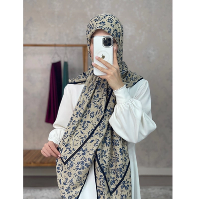 روسری نخی ژاکارد کرم گل آبی