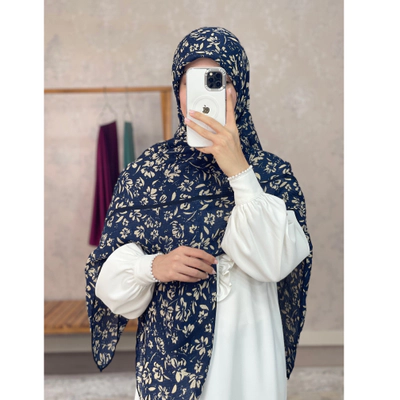 روسری نخی ژاکارد سرمه ای گل سفید