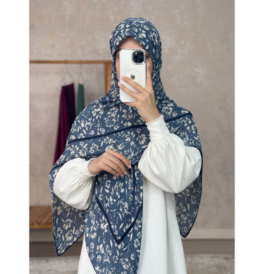 روسری نخی ژاکارد آبی جین گل سفید