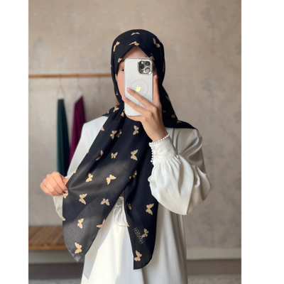 روسری مشکی پروانه طلایی قواره 120