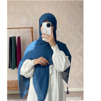 روسری نخی پلیسه مربعی آبی نفتی