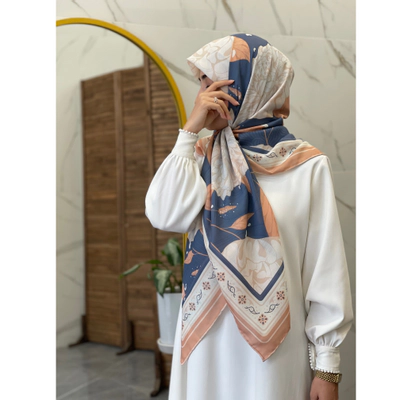روسری نخی آبی نفتی نارنجی
