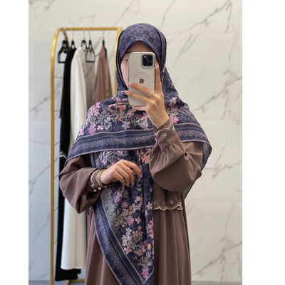 روسری نخی سورمه ای بنفش گلدار