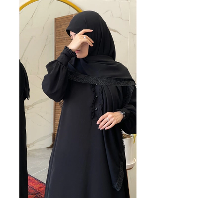 روسری کرپ حریر مشکی توردار مدل گل خوشه ای