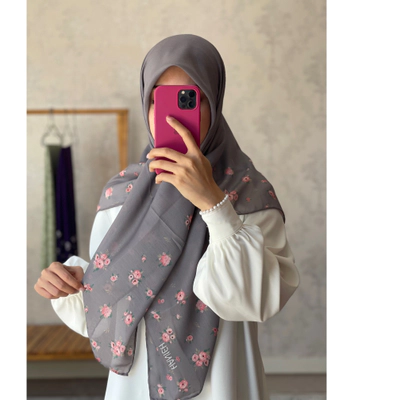 روسری طوسی گل صورتی حاشیه قواره 120