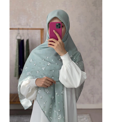 روسری حاشیه گل ریزسفید سبز آبی ملیح